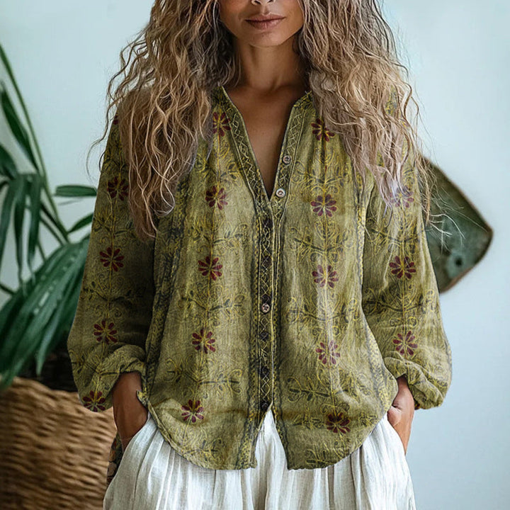 Nayaret | Blusa camisera con estampado de hojas vintage