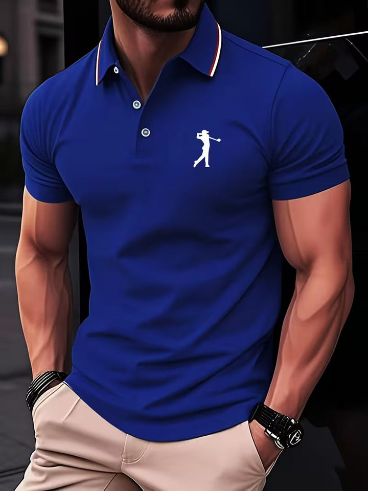Nicolás | Polera manga corta con cuello camisero y estampado de golf