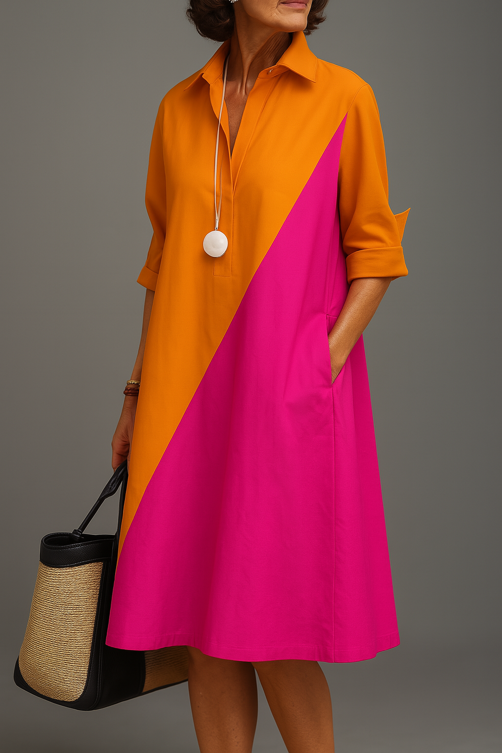 Rubí | Vestido midi bicolor manga tres cuartos