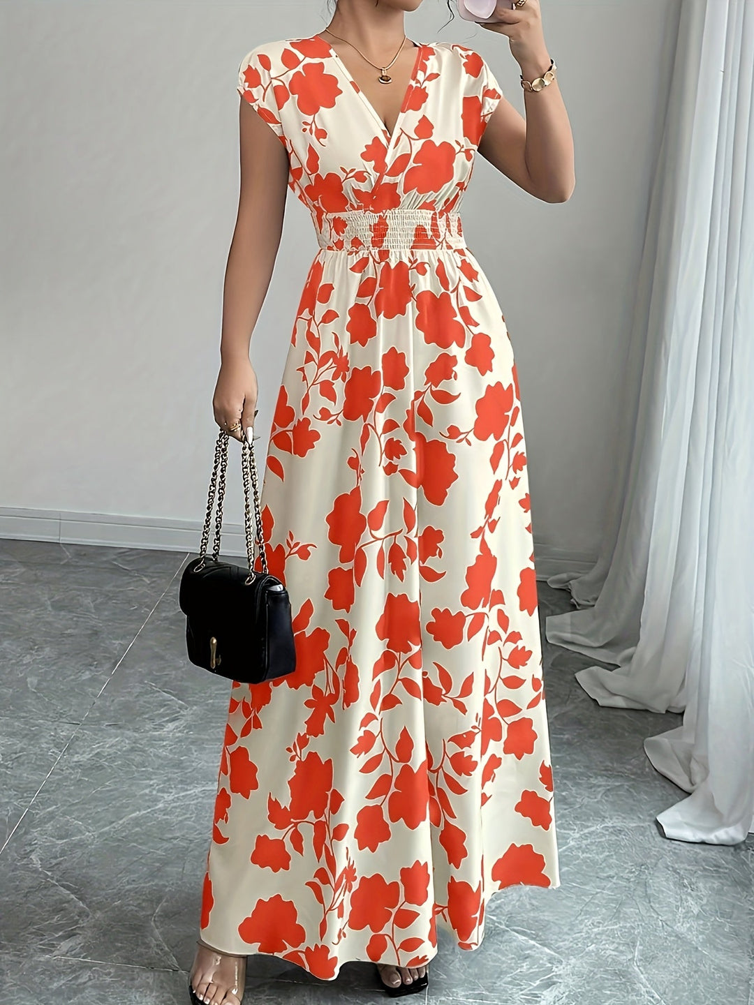 Bianca | Vestido largo floral con cintura fruncida