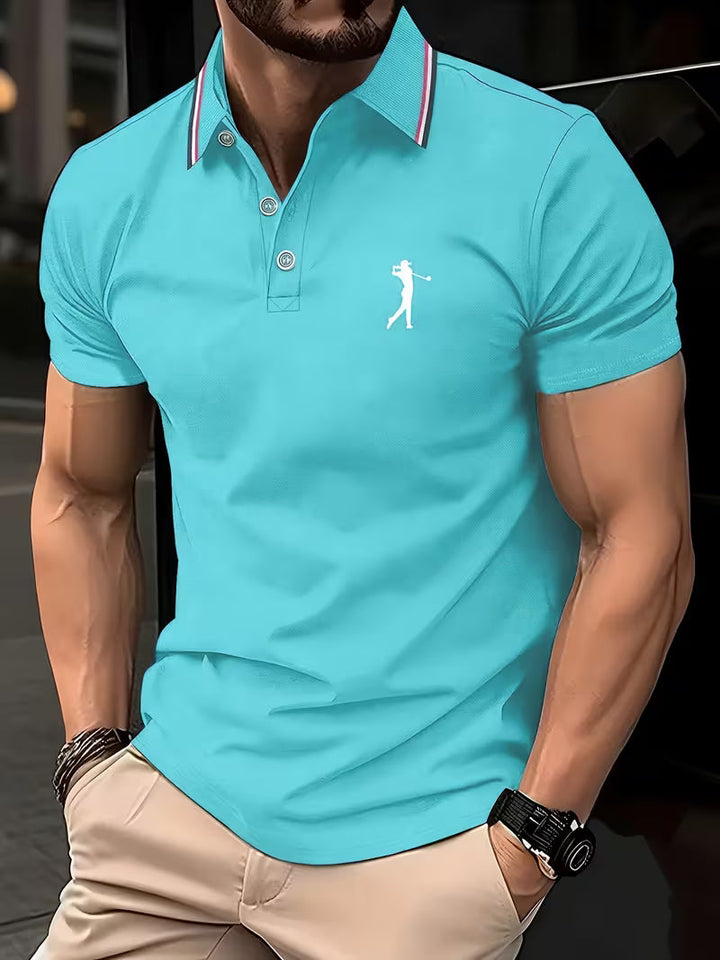 Nicolás | Polera manga corta con cuello camisero y estampado de golf