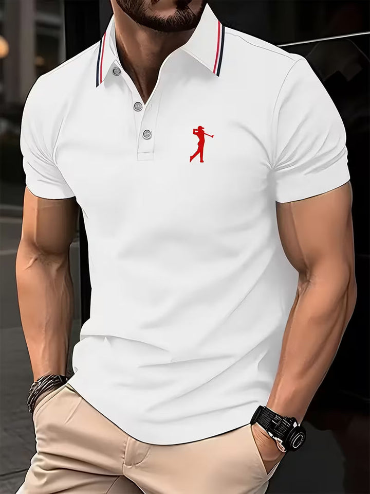 Nicolás | Polera manga corta con cuello camisero y estampado de golf