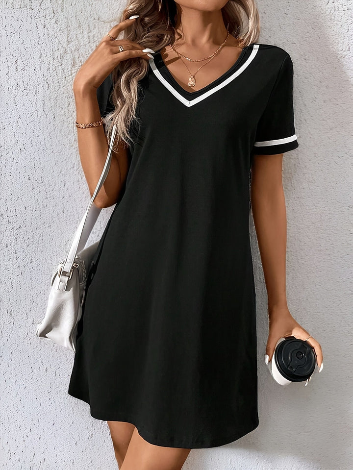 Génesis | Vestido recto con escote en V y ribete en contraste