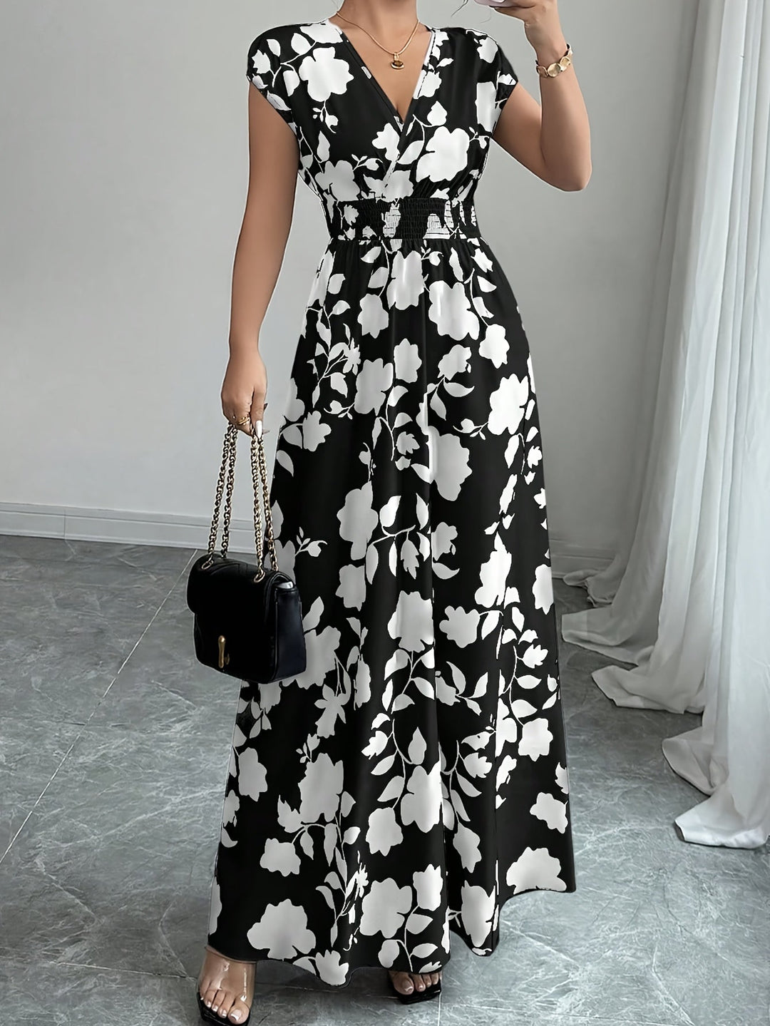 Bianca | Vestido largo floral con cintura fruncida