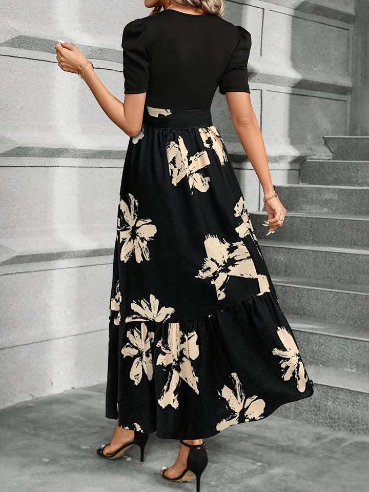 Fiorella | Vestido largo con falda floral y mangas abullonadas