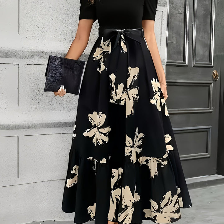 Fiorella | Vestido largo con falda floral y mangas abullonadas