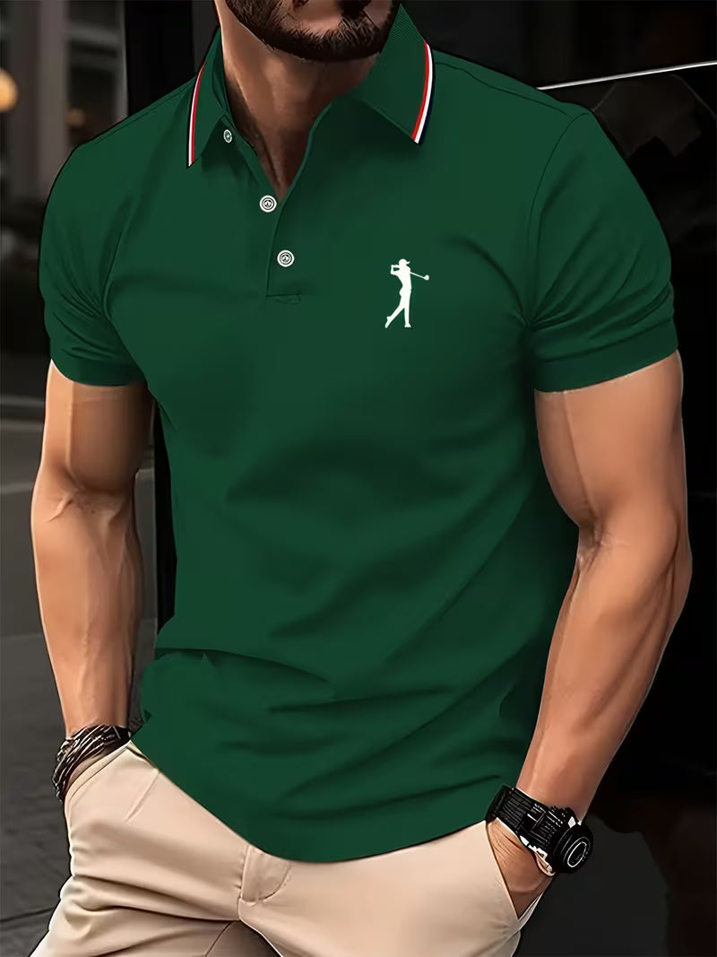 Nicolás | Polera manga corta con cuello camisero y estampado de golf