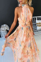 Amparo | Vestido largo sin mangas con cuello alto anudado