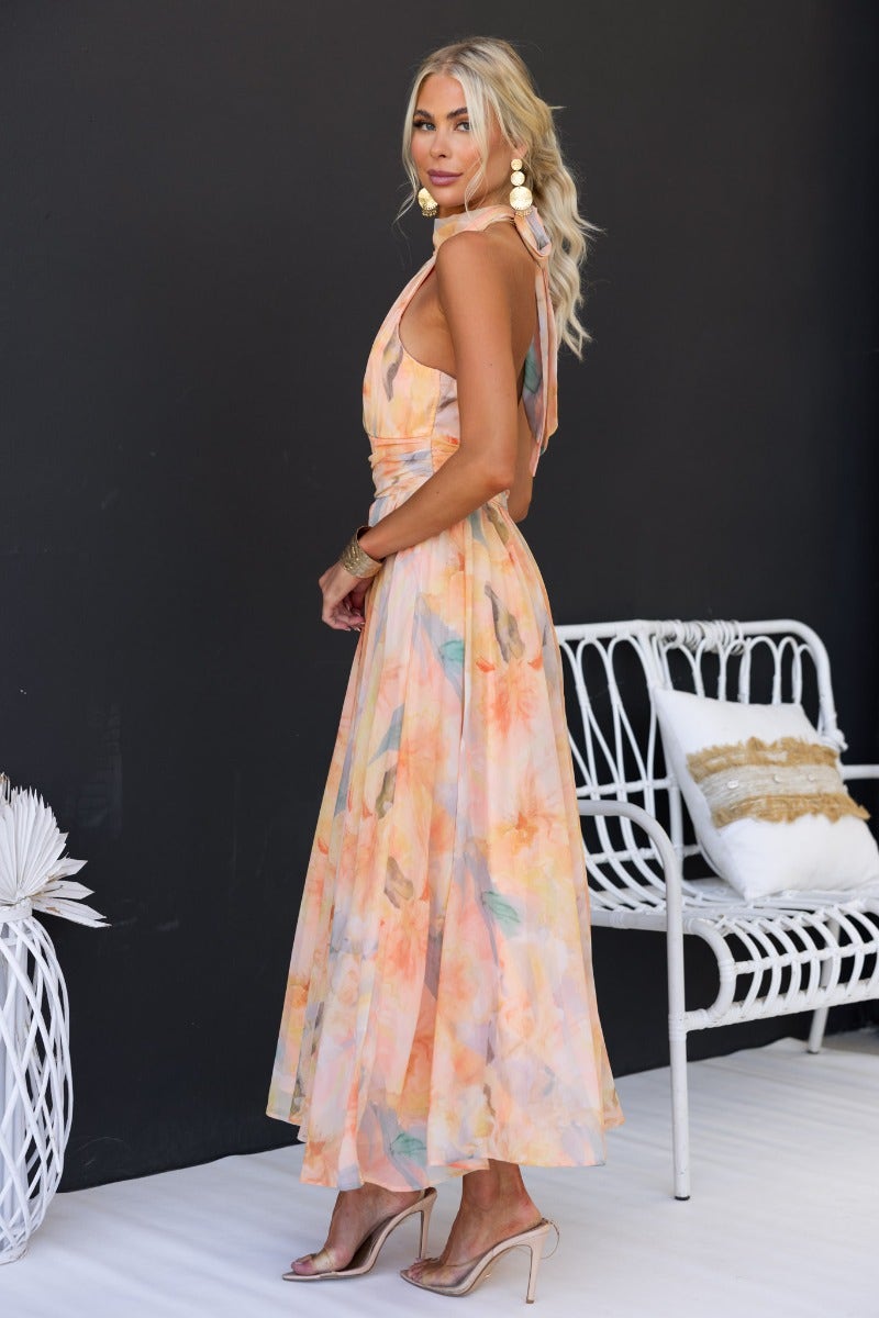 Amparo | Vestido largo sin mangas con cuello alto anudado