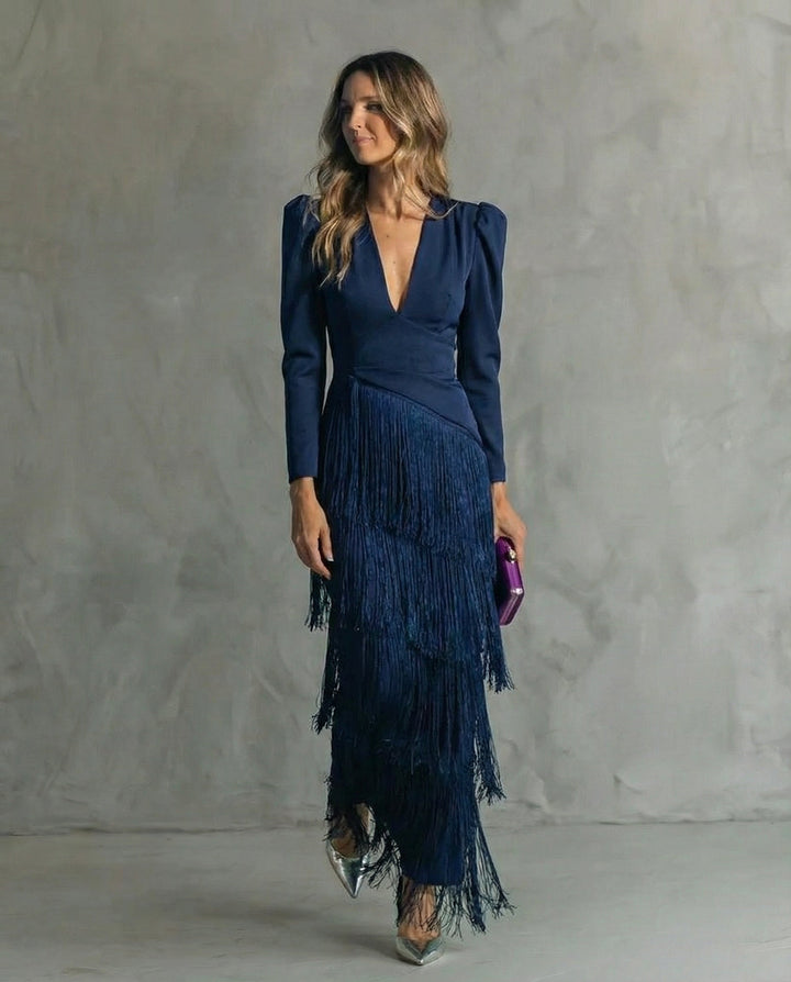Agustina | Vestido largo con flecos y escote en V