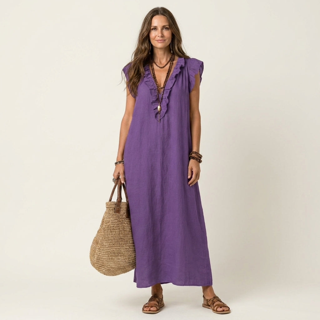 Silvia | Vestido largo con escote en V y volantes