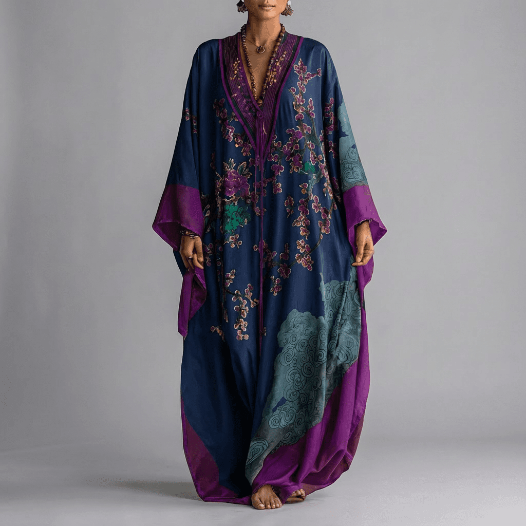 Nery | Vestido largo de manga murciélago con estampado de flor de ciruelo