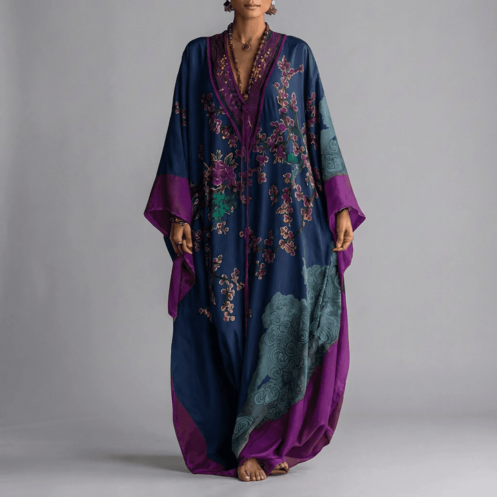 Nery | Vestido largo de manga murciélago con estampado de flor de ciruelo