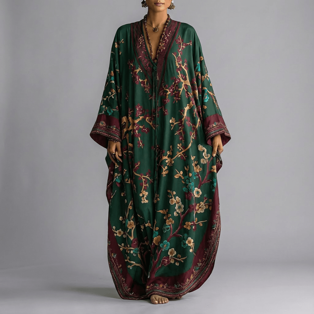 Nery | Vestido largo de manga murciélago con estampado de flor de ciruelo