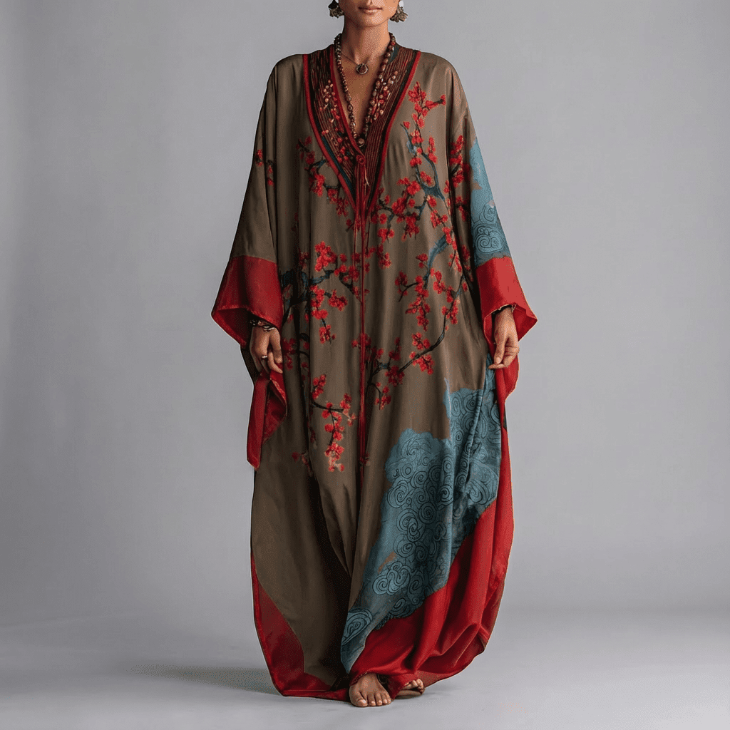 Nery | Vestido largo de manga murciélago con estampado de flor de ciruelo