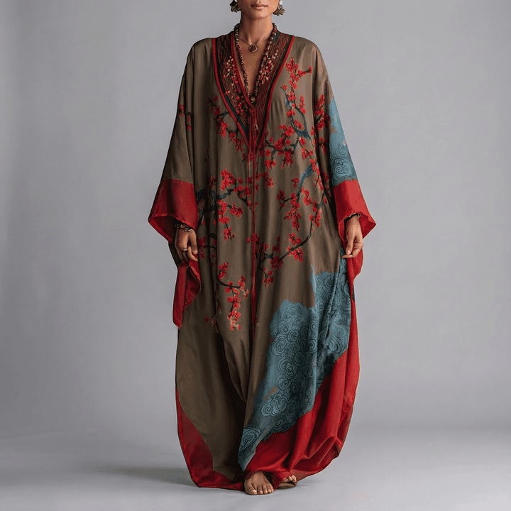 Nery | Vestido largo de manga murciélago con estampado de flor de ciruelo