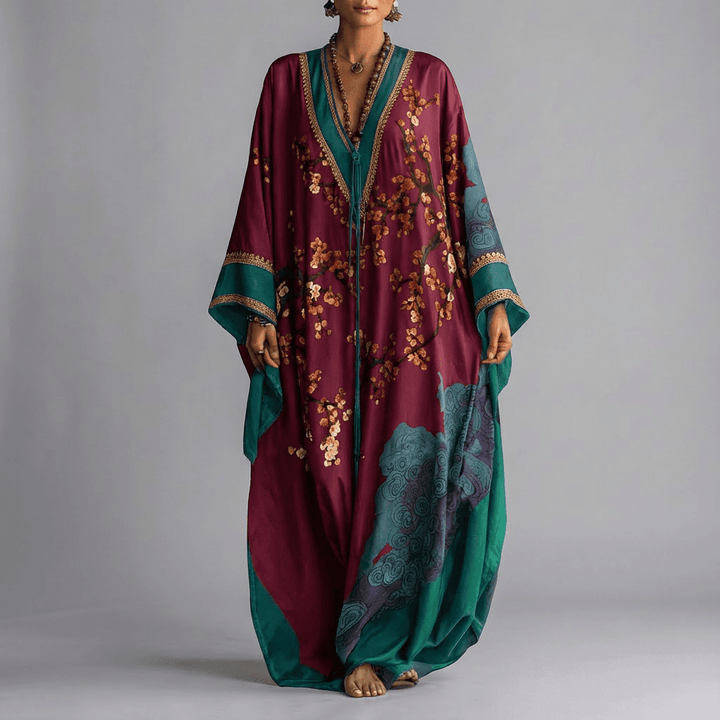 Nery | Vestido largo de manga murciélago con estampado de flor de ciruelo