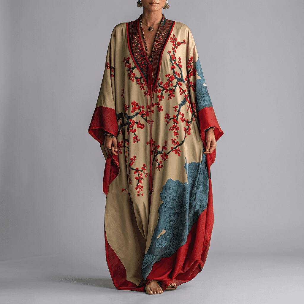 Nery | Vestido largo de manga murciélago con estampado de flor de ciruelo