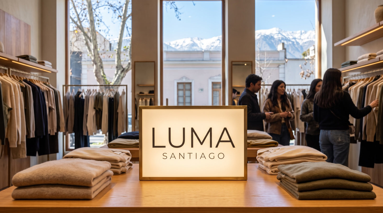 Boutique LUMA Santiago con letrero iluminado, prendas dobladas y la cordillera de los Andes al fondo