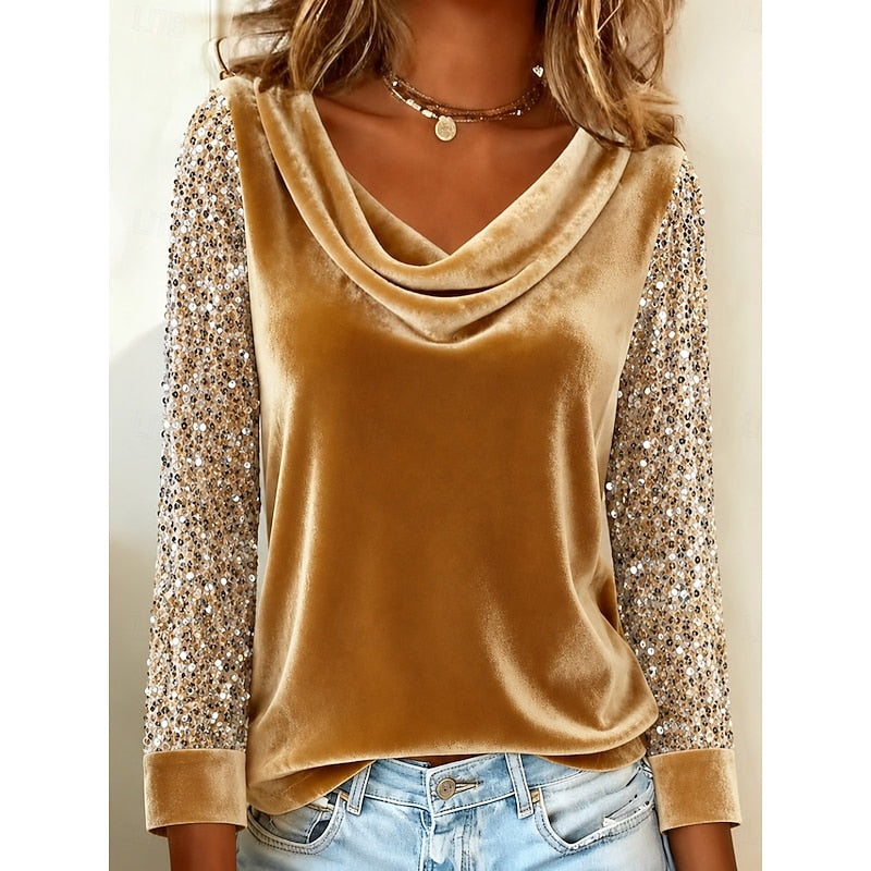 Yunuen | Top de cuello drapeado con mangas brillantes