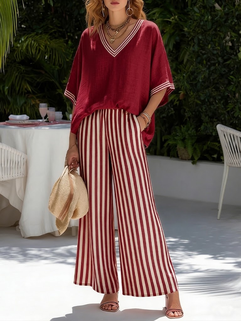 Katalina | Conjunto de blusa cuello V y pantalón a rayas