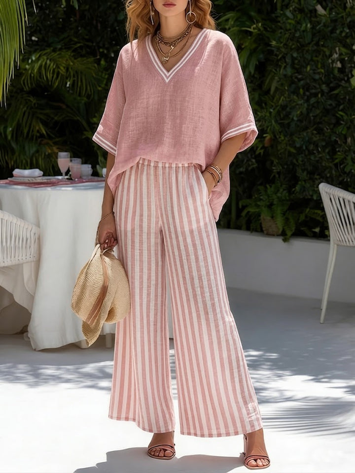 Katalina | Conjunto de blusa cuello V y pantalón a rayas