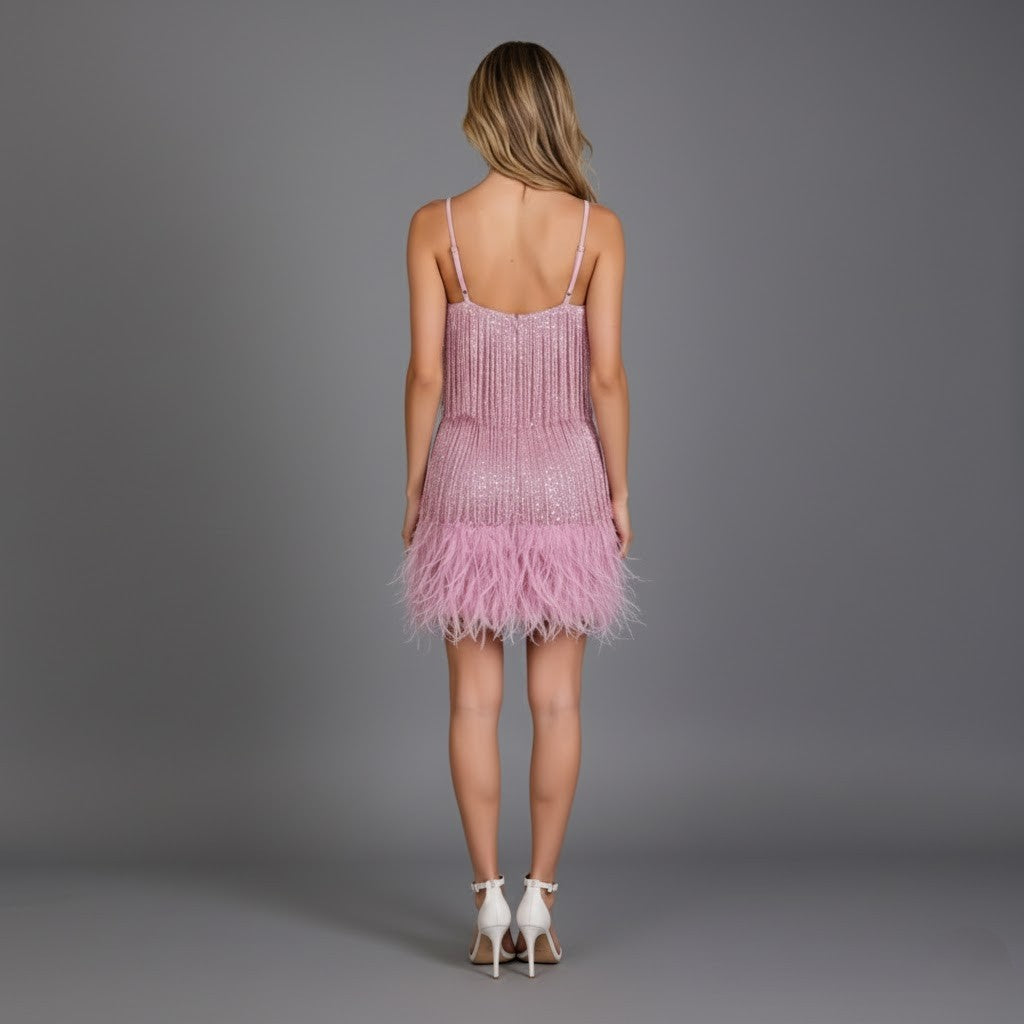 Cecilia | Vestido de fiesta con flecos y plumas