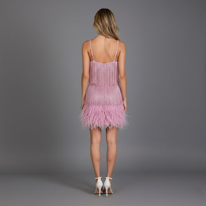 Cecilia | Vestido de fiesta con flecos y plumas