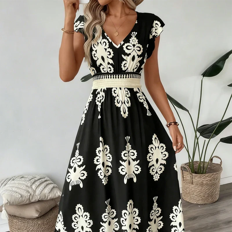 Gemita | Vestido largo con escote en V y estampado ornamental