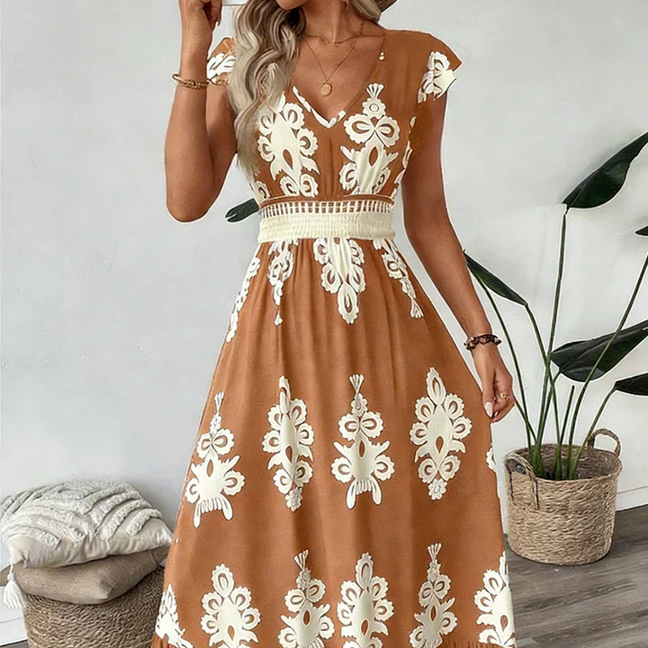Gemita | Vestido largo con escote en V y estampado ornamental