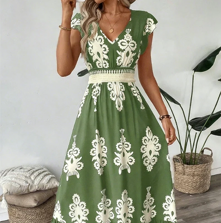 Gemita | Vestido largo con escote en V y estampado ornamental