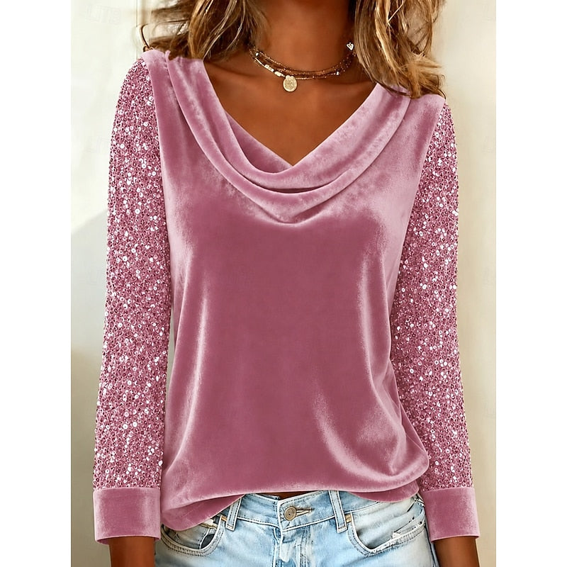 Yunuen | Top de cuello drapeado con mangas brillantes